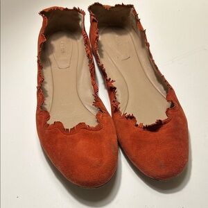 Chloe Lauren Ballerina Ballet Flats Suede Leather Scalloped Trim Rust Orange 10